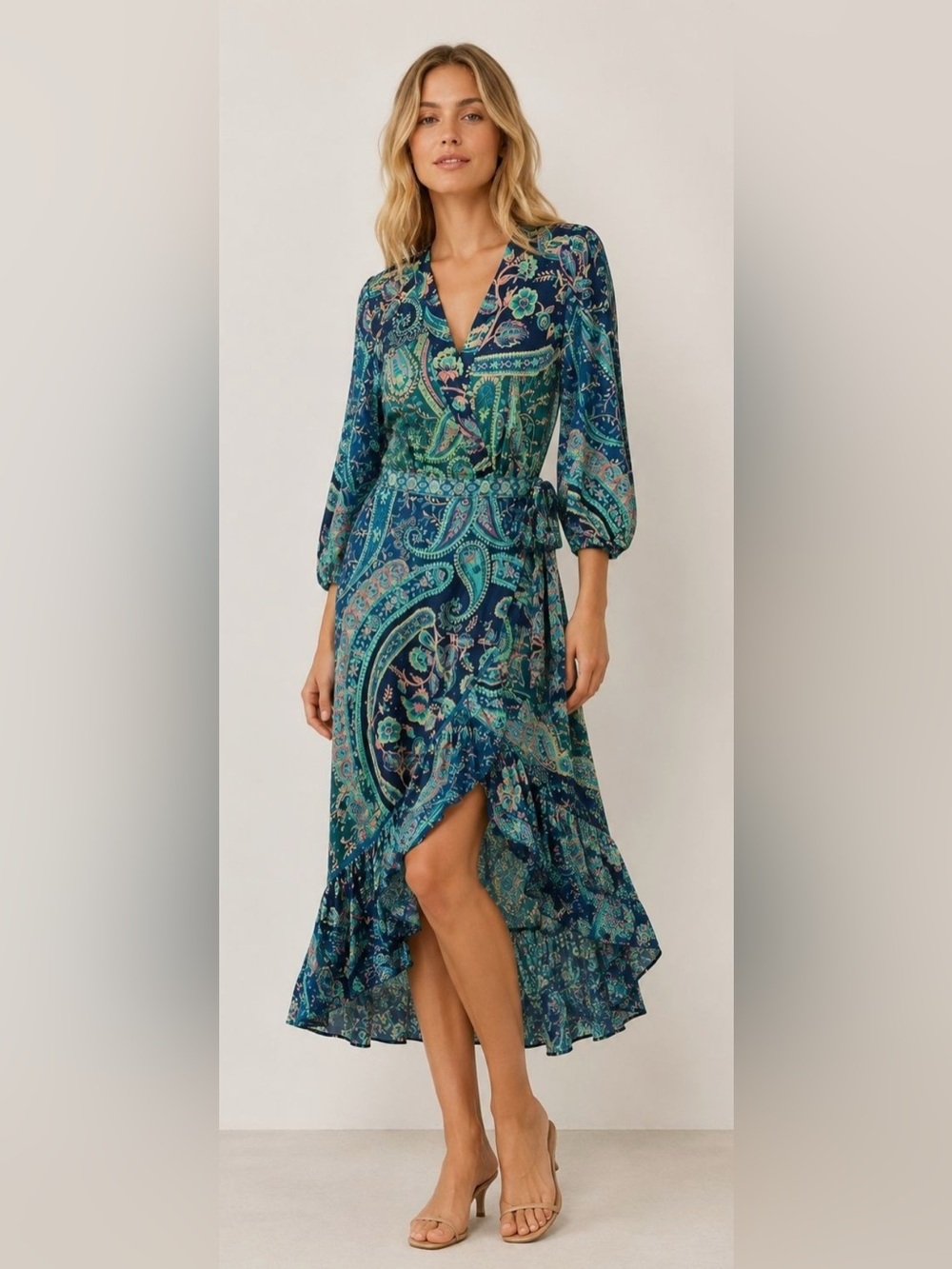 Anthropologie Farm Rio Paisley Wrap High-Low Maxi Dress in Teal, Navy & Pink